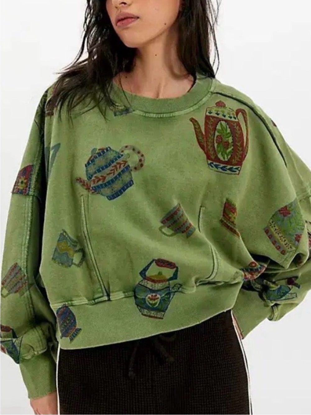 NWT Free People Gaia Sweatshirt in Tea Combo Teapots and Cup - Picture 2 of 14